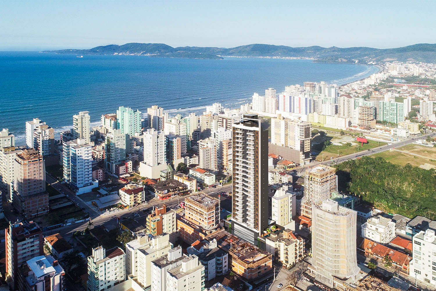 Foto aérea da Cidade de Itapema, mostrando seus empreendimentos imobiliários, urbanização e imóveis